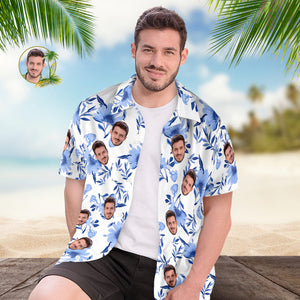 Camisa Hawaiana De Hombre Con Estampado De Cara Personalizada, Regalo De Hojas Azules Para Él - MyFaceSocksMX