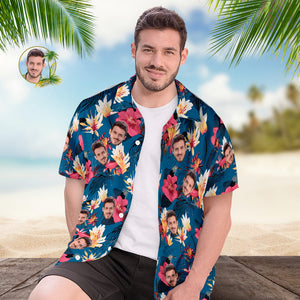 Camisa Hawaiana Para Hombre Con Estampado De Cara Personalizada, Flores Rosas Y Monstera Deliciosa - MyFaceSocksMX