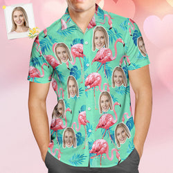 Camisa Hawaiana Con Cara Personalizada, Camisa Tropical Con Flamenco Para Hombre, Con Estampado Completo De Hojas Verdes Y Palmeras - MyFaceSocksMX