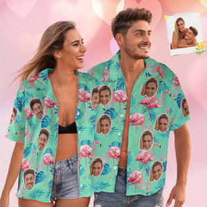 Camisa Hawaiana De Cara Personalizada Camisa Tropical De Flamenco Traje De Pareja Todo Sobre Hojas Verdes Y Palmeras Impresas - MyFaceSocksMX