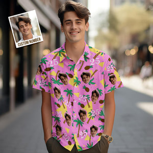 Camisa Hawaiana Personalizada Con Cara Y Números Multicolores, Regalo De Árbol De Coco Y Piña Para Hombres - MyFaceSocksMX