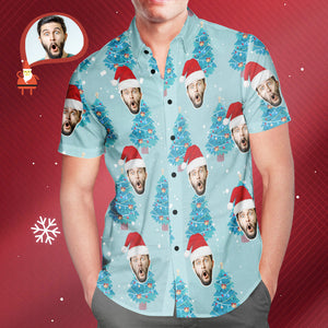 Camisa Hawaiana Azul Con Estampado De Cara Personalizada, Regalo De Estilo De Árbol De Navidad Para Él - MyFaceSocksMX