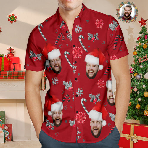 Camisa Hawaiana De Cara Personalizada Camisas De Navidad Con Foto Personalizada Con Bastones De Caramelo Para Hombres - MyFaceSocksMX