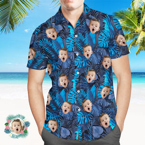 Camisa Hawaiana Con Estampado De Cara Personalizada Flores Y Hojas Camisa De Playa Azul - MyFaceSocksMX