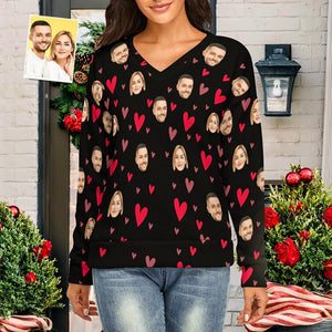 Suéter Con Cuello En V De Cara Personalizada Para Mujer Con Tema De Pareja De Corazón Pequeño Spandex Cómodo - MyFaceSocksMX