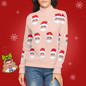Jersey De Cuello Alto Con Cara Personalizada Para Mujer Suéter Feo De Navidad Suéteres Sueltos De Punto - Papá Noel - MyFaceSocksMX
