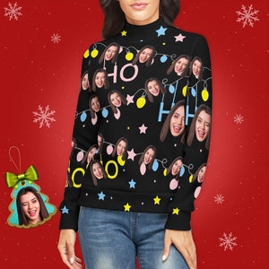Jersey De Cuello Alto Con Cara Personalizada Para Mujer Suéter De Navidad Feo Suéteres Sueltos De Punto - Luces De Navidad - MyFaceSocksMX