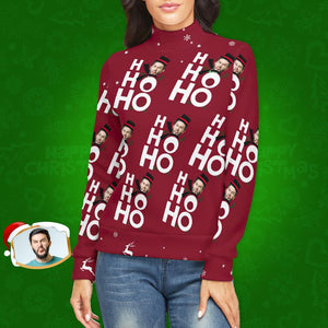 Jersey De Cuello Alto Con Cara Personalizada Para Mujer Suéter Feo De Navidad Suéteres Sueltos De Punto - Ho Ho Ho - MyFaceSocksMX