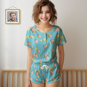 Pijamas De Cara Personalizados Para Mujer, Conjunto De Pijama Corto Azul, Regalo - MyFaceSocksMX