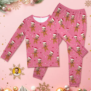 Pijama Rosa De Cara Personalizada Pijama De Navidad De Pan De Jengibre De Cuello Redondo Personalizado Para Mujeres Y Hombres - MyFaceSocksMX