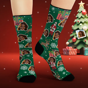 Calcetines Cara Personalizados Foto Personalizada Calcetines Verdes Papá Noel Y Regalos Feliz Navidad - MyFaceSocksMX