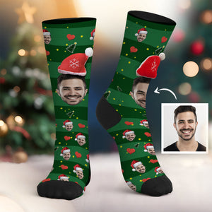 Calcetines Personalizados Con Cara Personalizada, Gorro De Papá Noel En 3d, Calcetines Verdes, Regalos De Navidad - MyFaceSocksMX